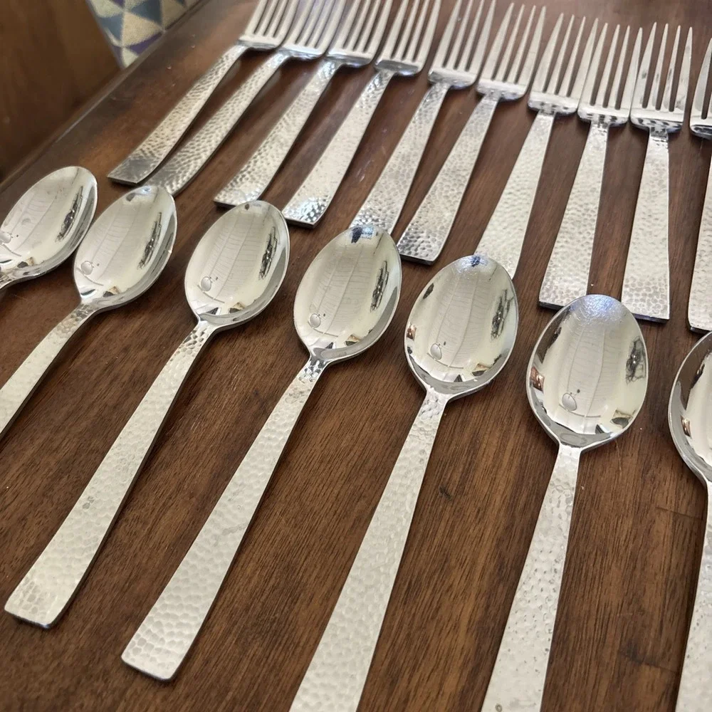 Godinger Castello Hammered Stainless Flatware Knives Forks Spoons - Lot Of 45